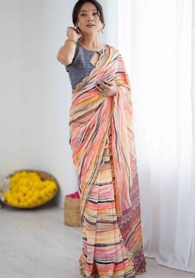 Peach Printed Faux Georgette Saree Set