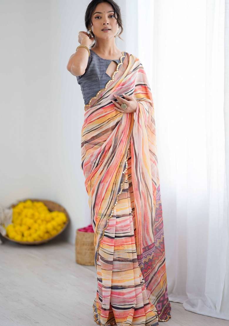 Peach Faux Georgette Saree Set with Printed for Diwali | Wedding & Festive Wear - Indya