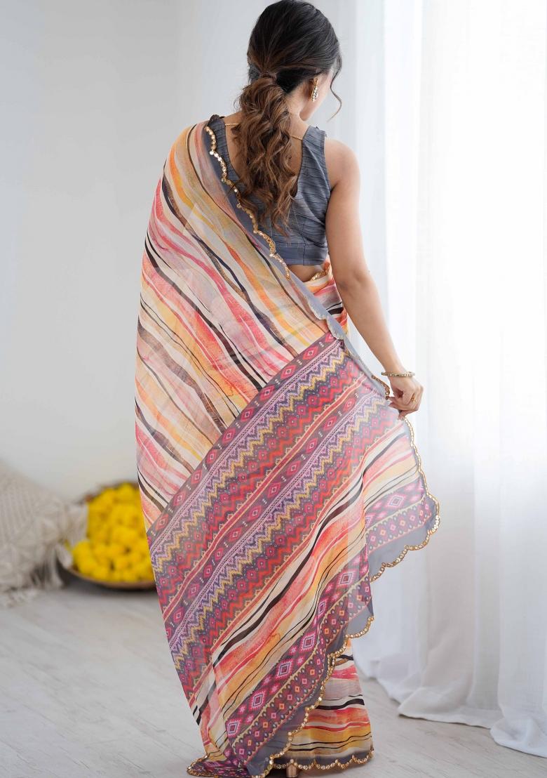 Peach Printed Faux Georgette Saree Set - Indya