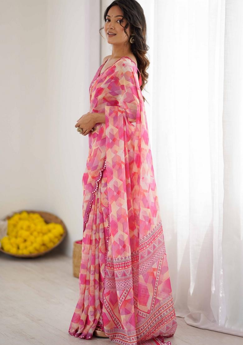 Pink Printed Faux Georgette Saree Set - Indya