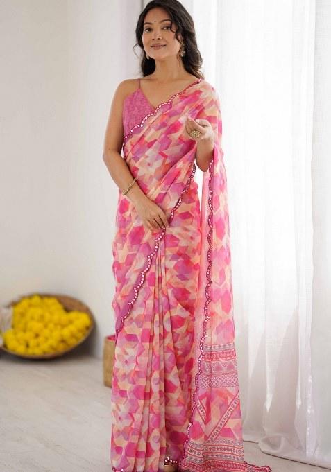 Pink Printed Faux Georgette Saree Set