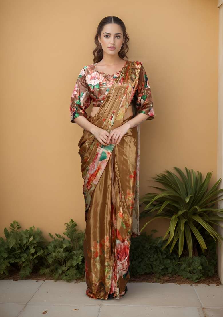 Mustard Printed Faux Crepe Saree Set for Diwali and Festive Wear - Indya