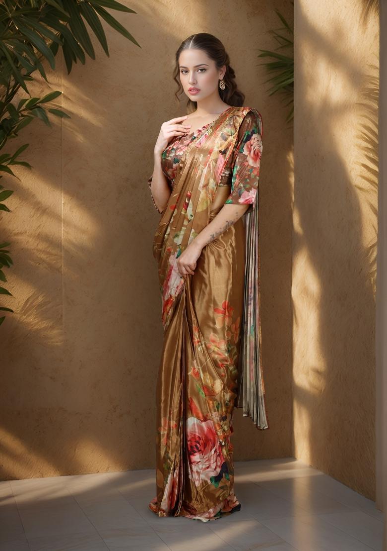 Mustard Printed Faux Crepe Saree Set - Indya