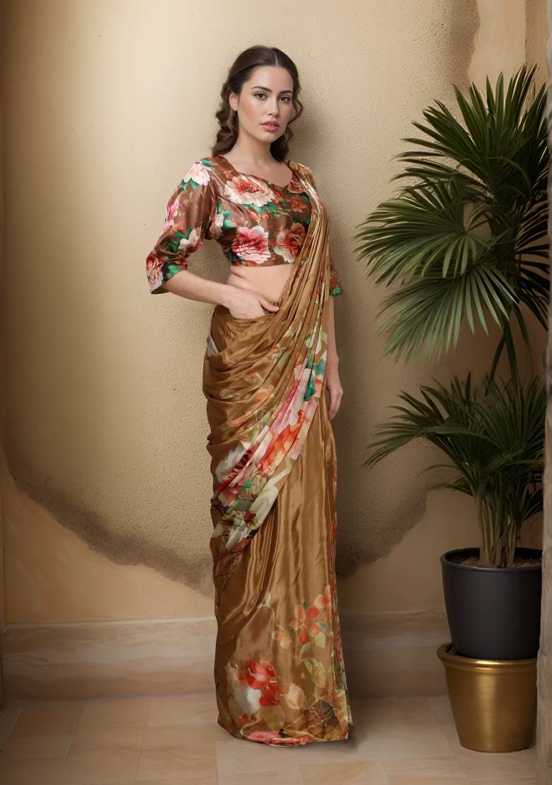 Mustard Printed Faux Crepe Saree Set for Diwali and Festive Wear - Indya