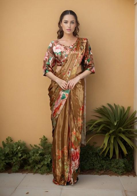 Mustard Printed Faux Crepe Saree Set