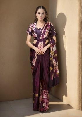 Wine Printed Faux Crepe Saree Set