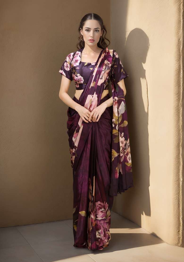 Wine Printed Faux Crepe Saree Set for Diwali and Festive Wear - Indya