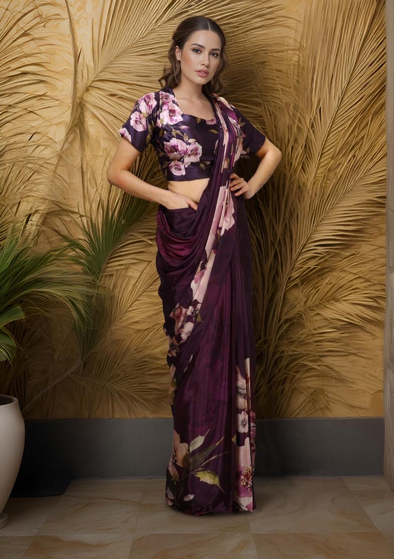 Wine Printed Faux Crepe Saree Set - Indya