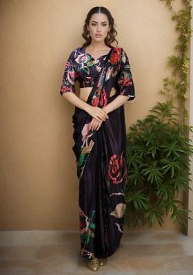 Black Printed Faux Crepe Saree Set