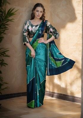 Teal Printed Faux Crepe Saree Set