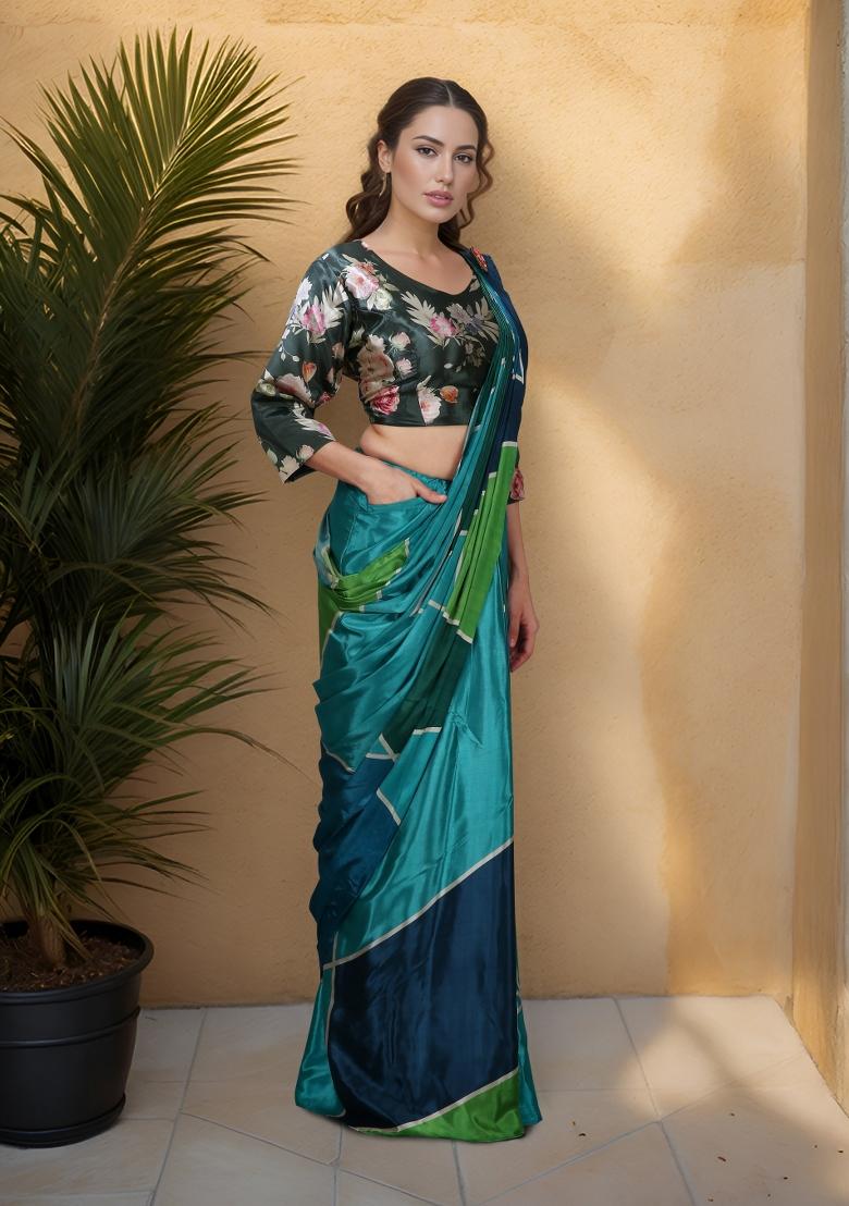 Teal Printed Faux Crepe Saree Set - Indya
