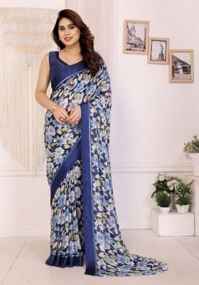 Blue Printed Art Silk Saree Set