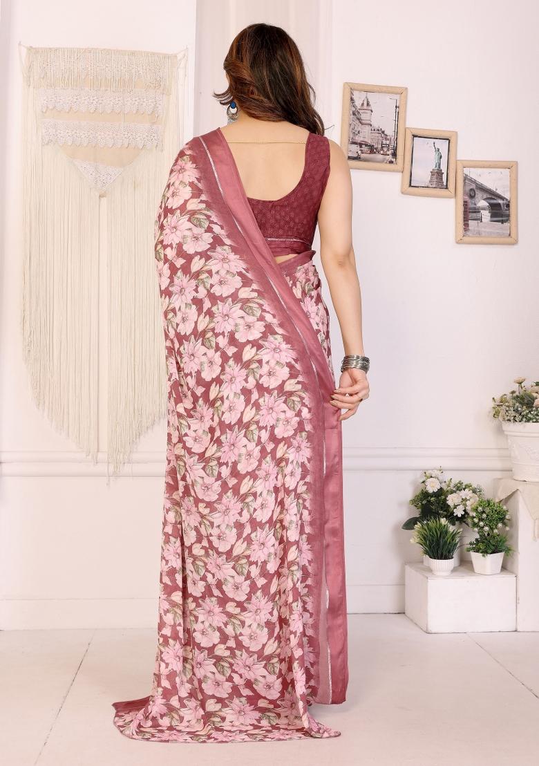 Maroon Printed Art Silk Saree Set - Indya