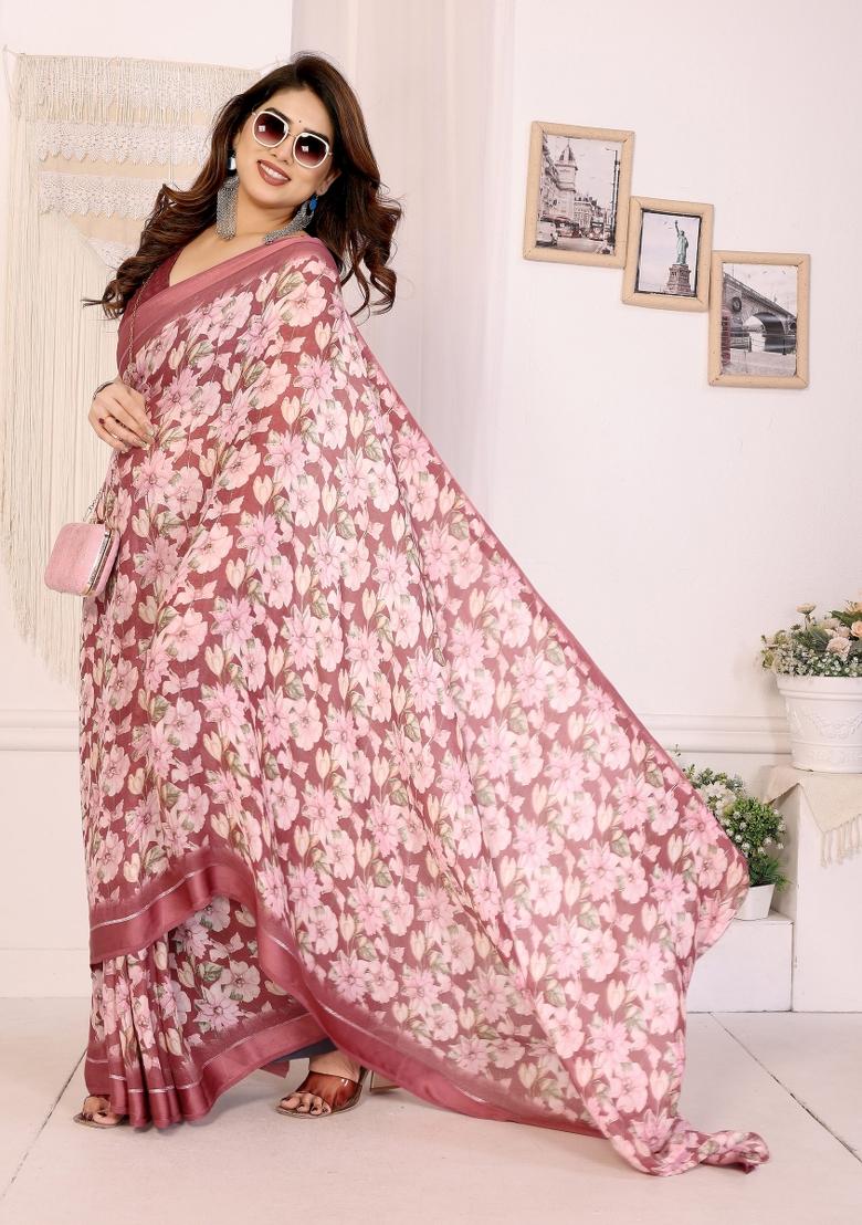 Maroon Printed Art Silk Saree Set - Indya