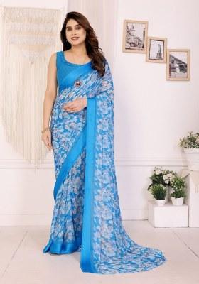 Sky Blue Printed Art Silk Saree Set