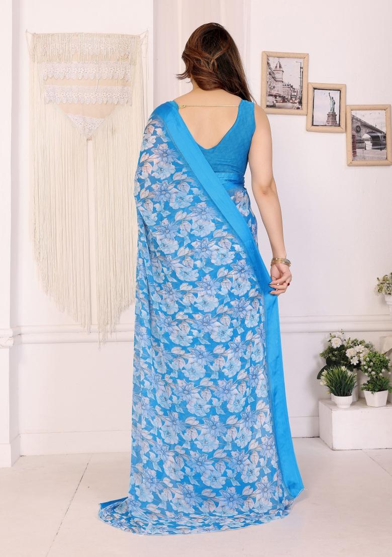 Sky Blue Printed Art Silk Saree Set - Indya