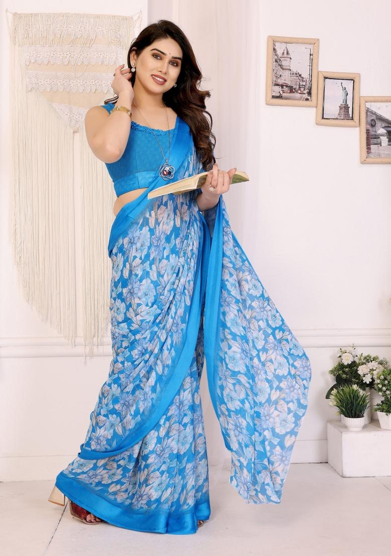 Sky Blue Printed Art Silk Saree Set - Indya