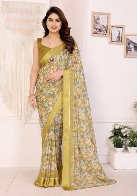 Yellow Printed Art Silk Saree Set