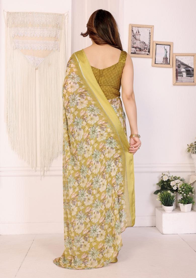 Yellow Printed Art Silk Saree Set - Indya