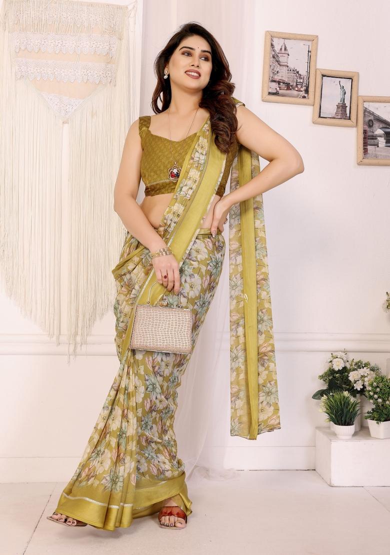 Yellow Printed Art Silk Saree Set - Indya