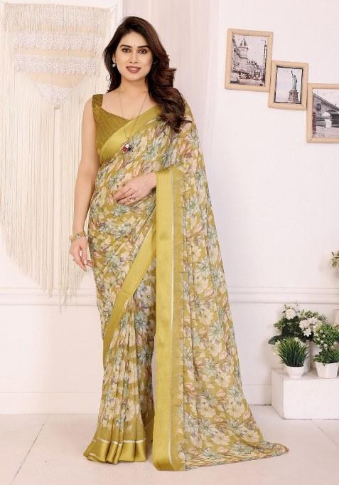 Yellow Printed Art Silk Saree Set