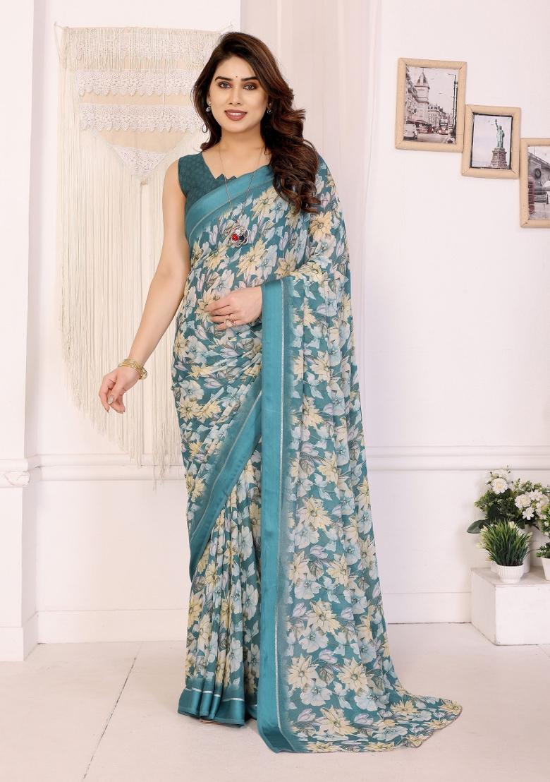 Green Printed Art Silk Saree Set - Indya