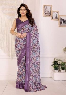 Purple Printed Art Silk Saree Set