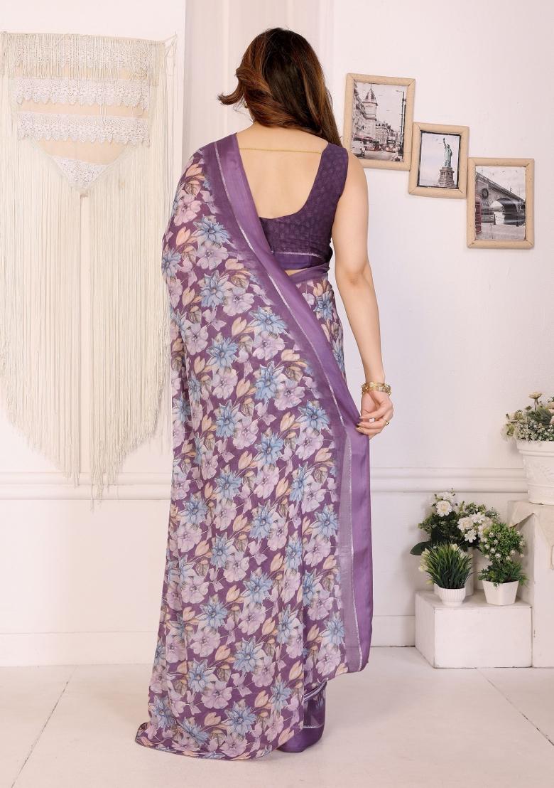 Purple Printed Art Silk Saree Set - Indya