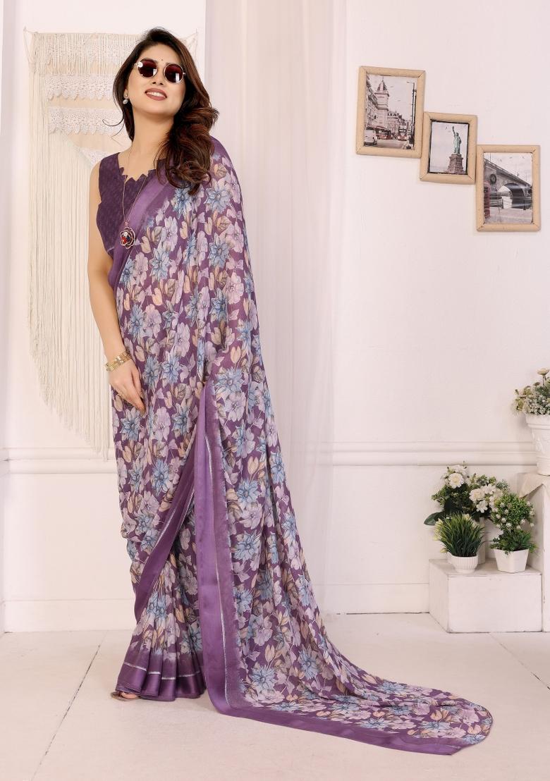 Purple Printed Art Silk Saree Set - Indya