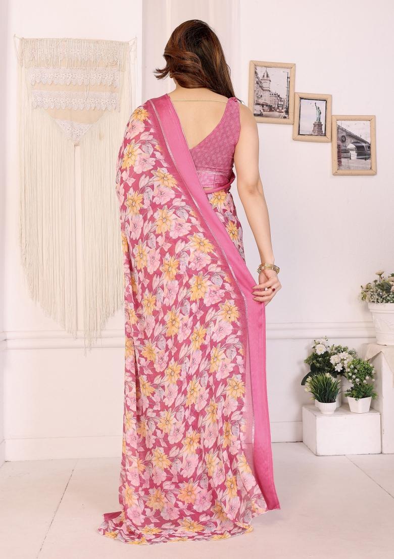 Pink Printed Art Silk Saree Set - Indya