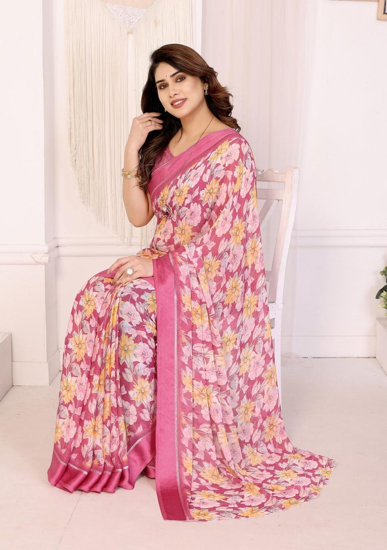 Pink Printed Art Silk Saree Set - Indya