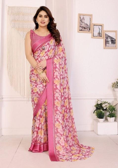 Pink Printed Art Silk Saree Set