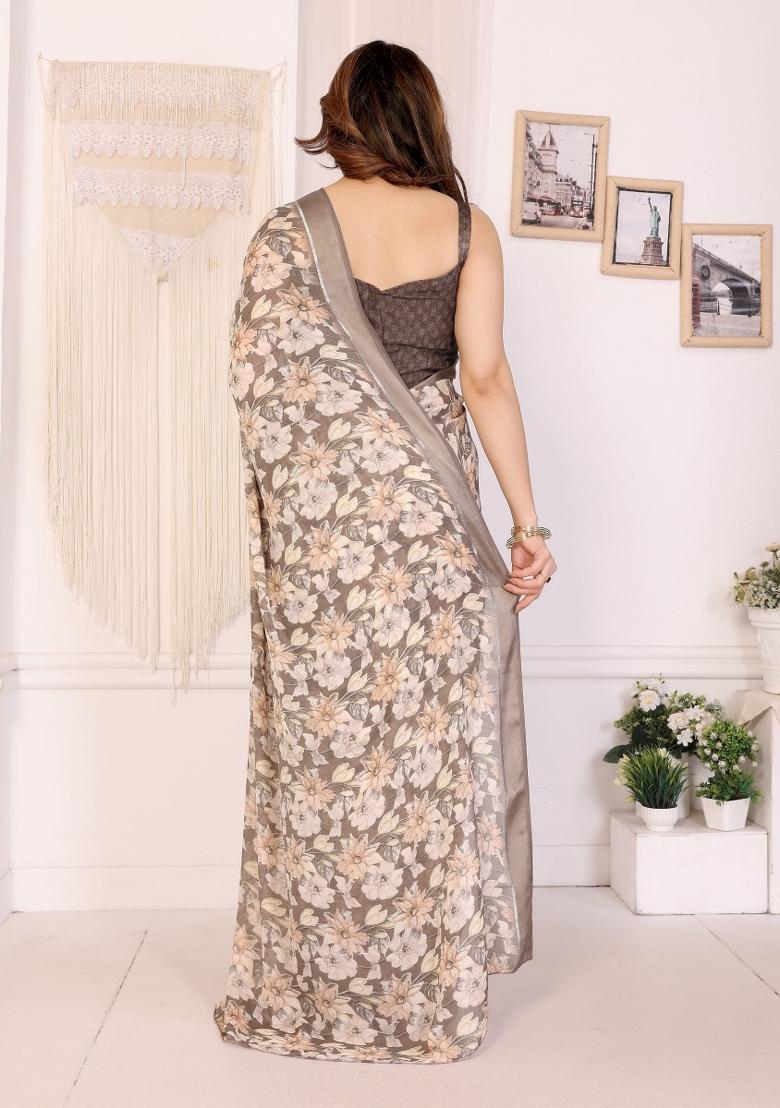 Beige Printed Art Silk Saree Set - Indya