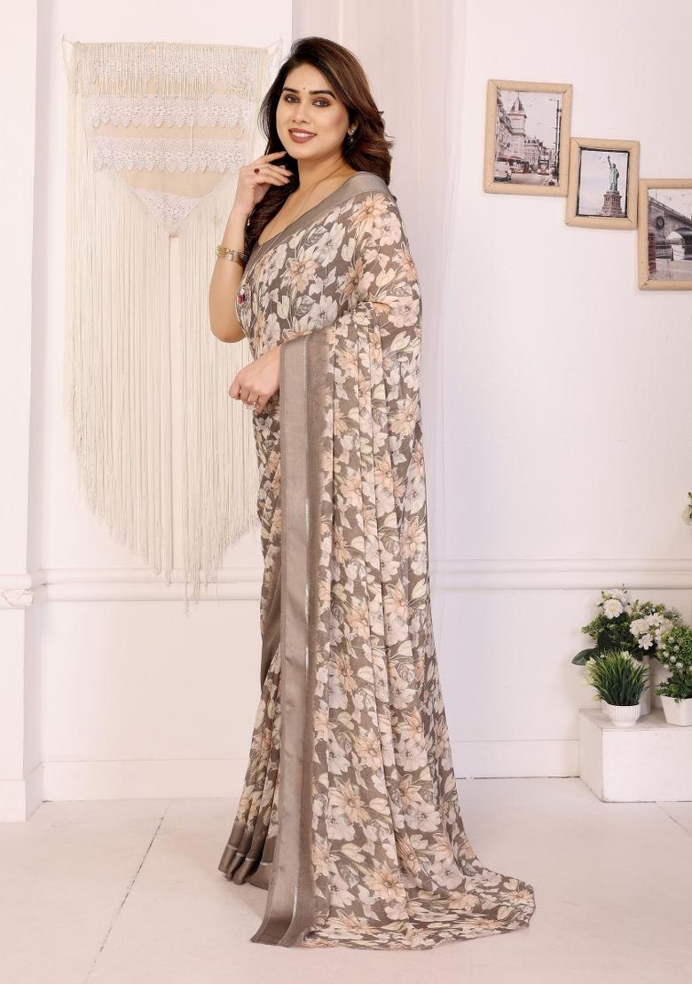 Beige Printed Art Silk Saree Set - Indya