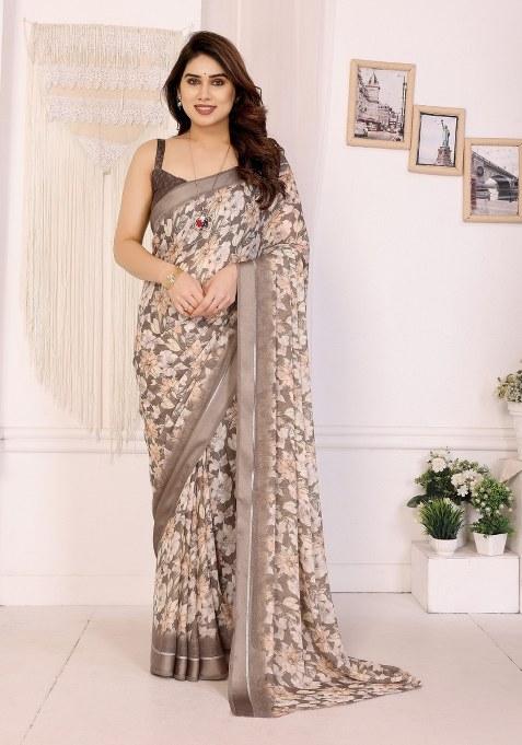 Beige Printed Art Silk Saree Set