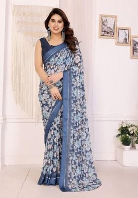 Blue Printed Art Silk Saree Set