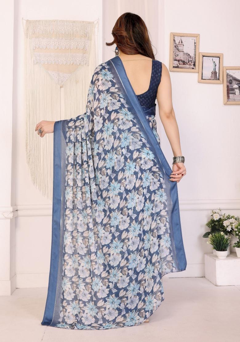 Blue Printed Art Silk Saree Set - Indya