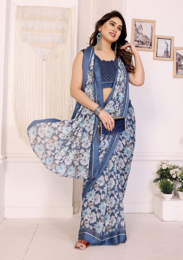 Blue Printed Art Silk Saree Set - Indya