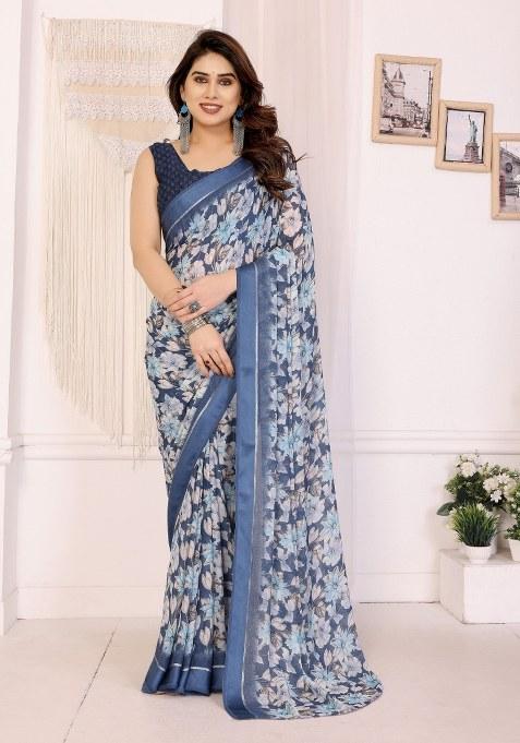 Blue Printed Art Silk Saree Set