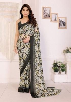 Black Printed Art Silk Saree Set