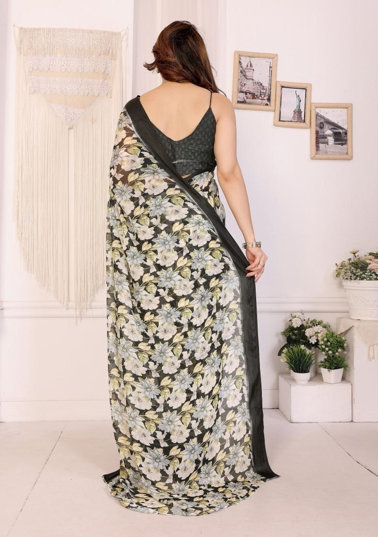 Black Printed Art Silk Saree Set - Indya