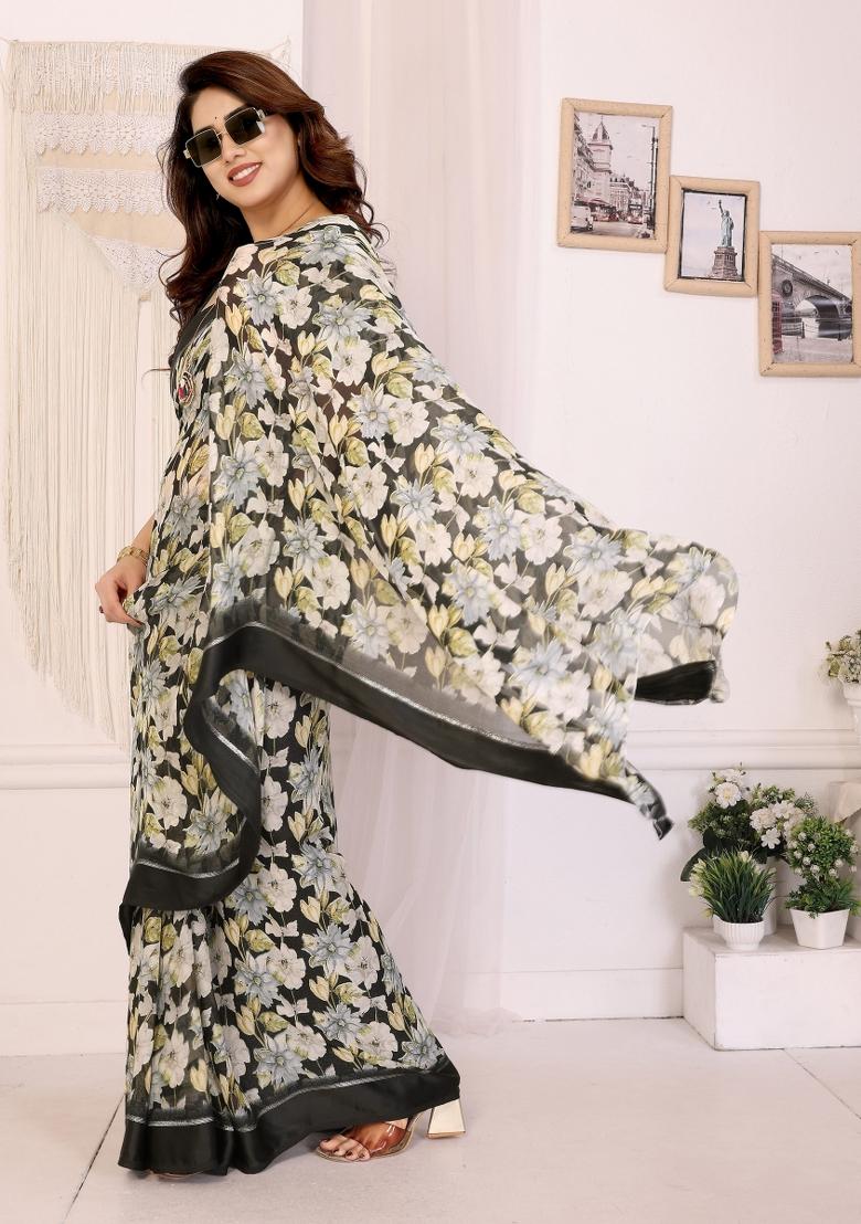 Black Printed Art Silk Saree Set - Indya