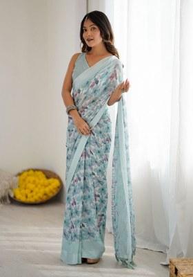 Blue Printed Art Silk Saree Set