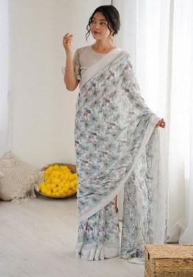 Grey Printed Art Silk Saree Set
