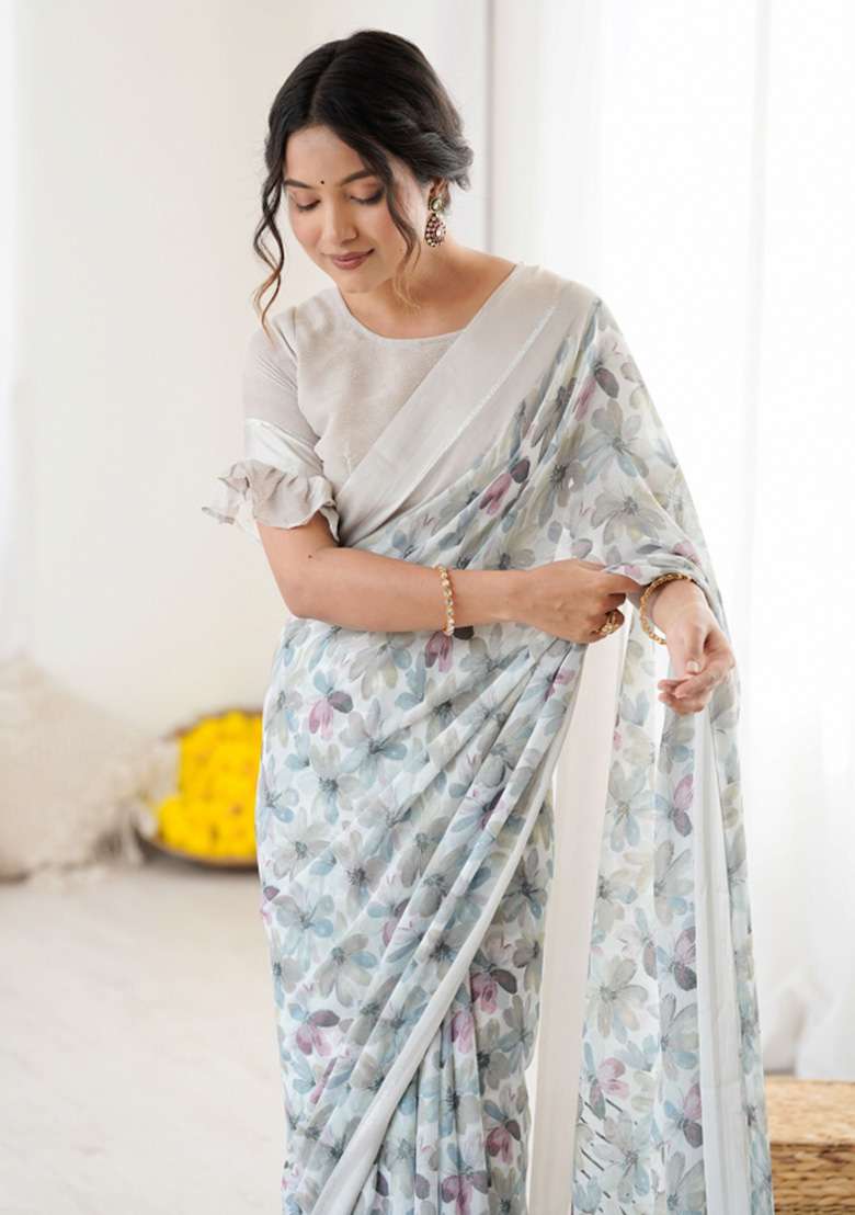 Grey Printed Art Silk Saree Set for Diwali and Festive Wear - Indya
