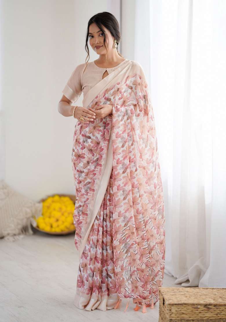 Peach Art Silk Saree Set with Printed for Diwali | Wedding & Festive Wear - Indya
