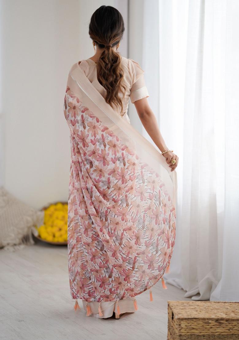 Peach Printed Art Silk Saree Set - Indya