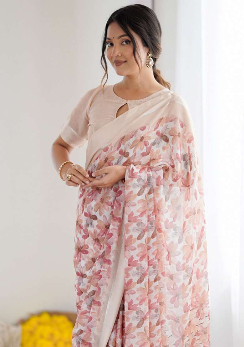 Peach Art Silk Saree Set with Printed for Diwali | Wedding & Festive Wear - Indya