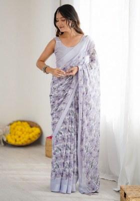 Lavender Printed Art Silk Saree Set