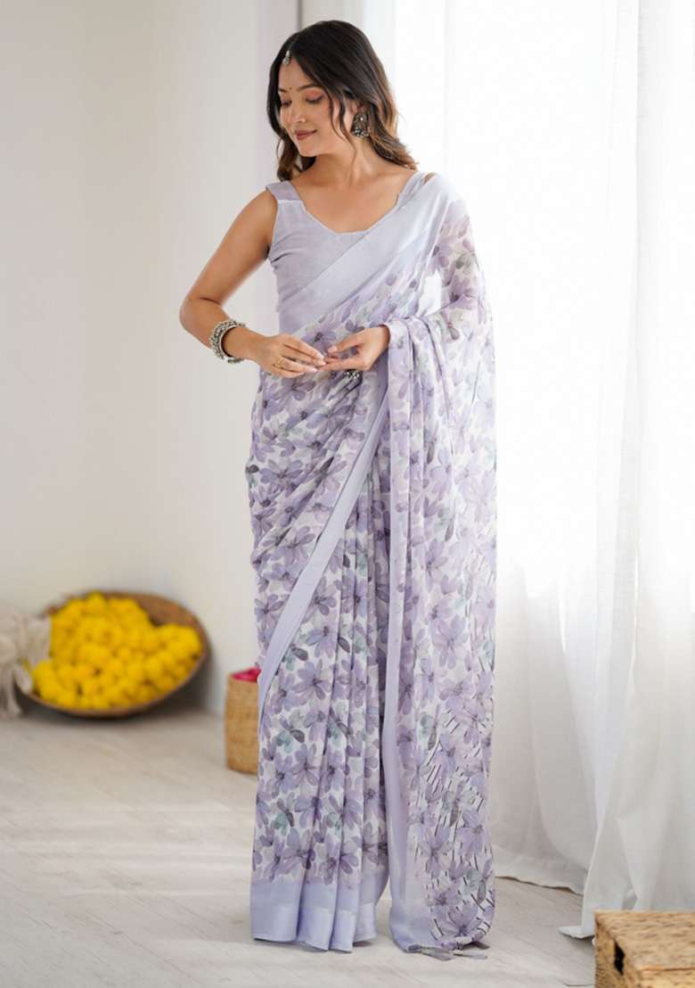 Lavender Printed Art Silk Saree Set for Diwali and Festive Wear - Indya